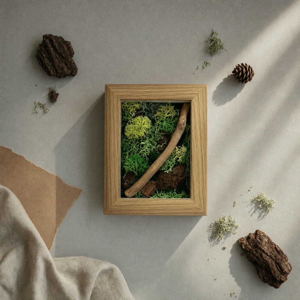 一坪森林平放俯拍，四周散著樹皮與苔蘚碎片，旁邊是牛皮紙與亞麻布