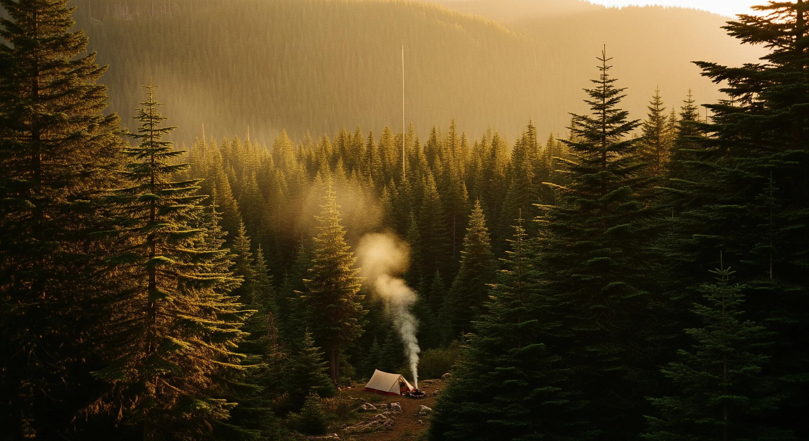 清晨營地全景,薄霧籠罩,帳篷安靜佇立,遠山層疊