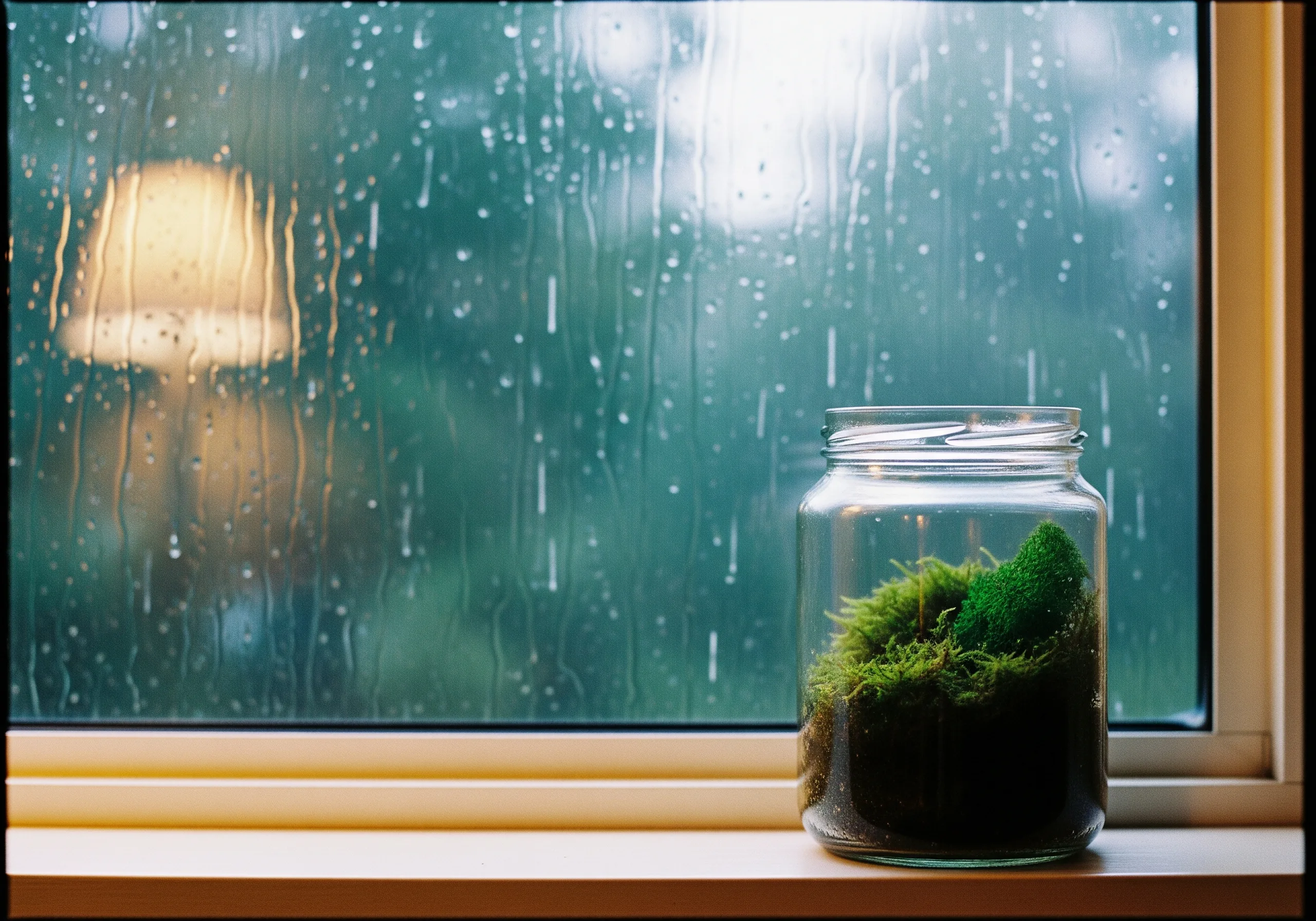 窗外下著雨，窗台上翠綠的苔蘚缸靜靜佇立