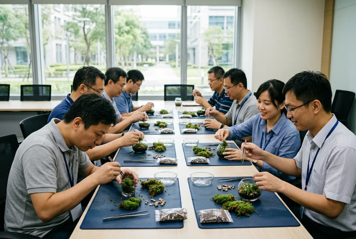 科技公司會議室長桌，工程師們正在製作苔蘚微景觀