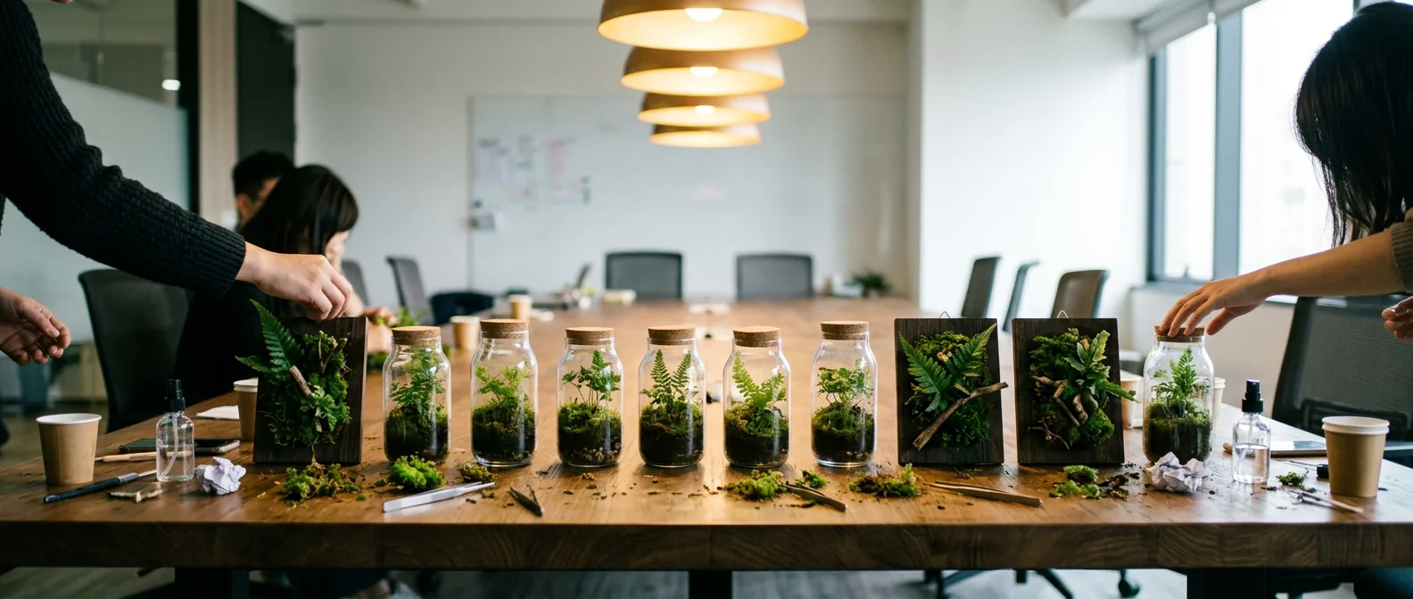 會議室長桌上排開一整排完成的植物手作作品