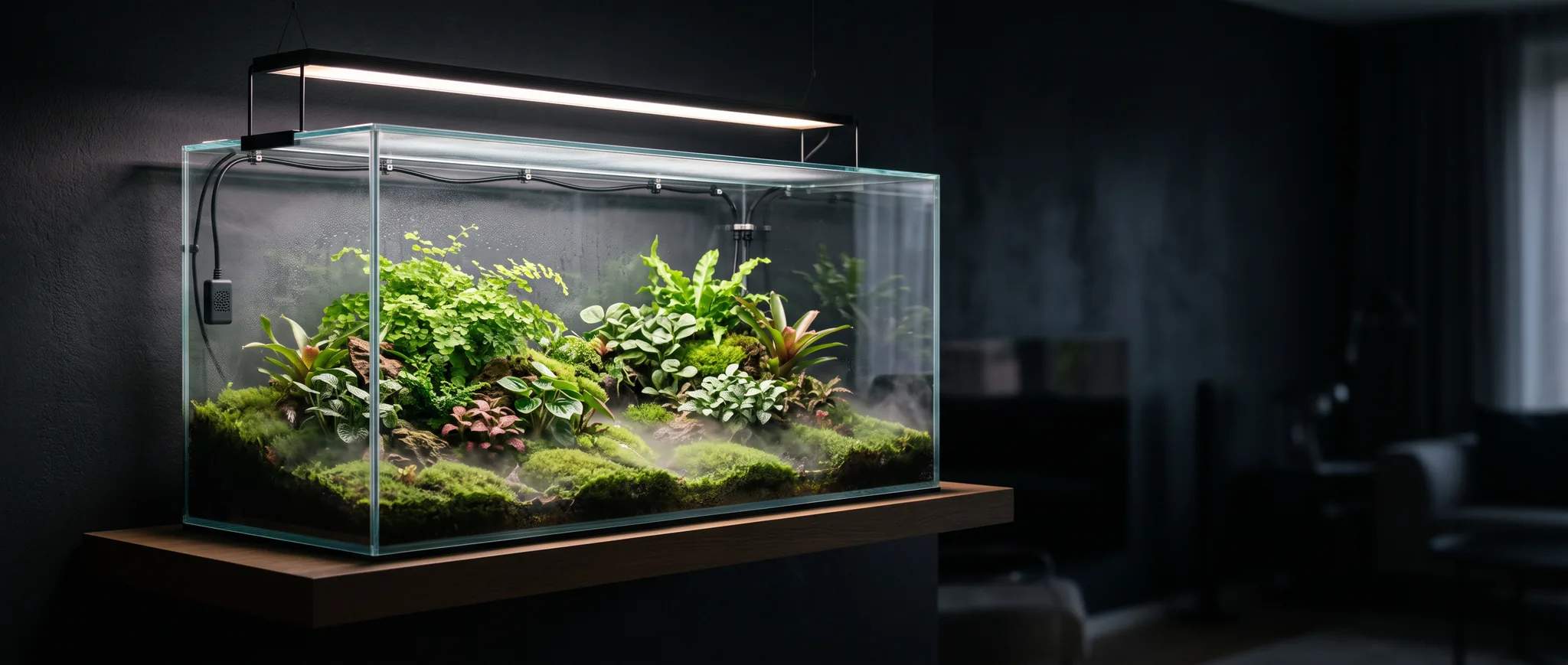 室內的密閉式玻璃生態缸，內有苔蘚與蕨類，霧氣與植物燈