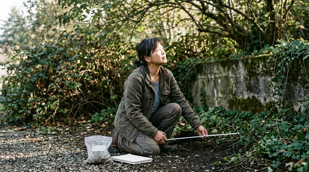 設計師在庭院現場量測、判讀日照角度
