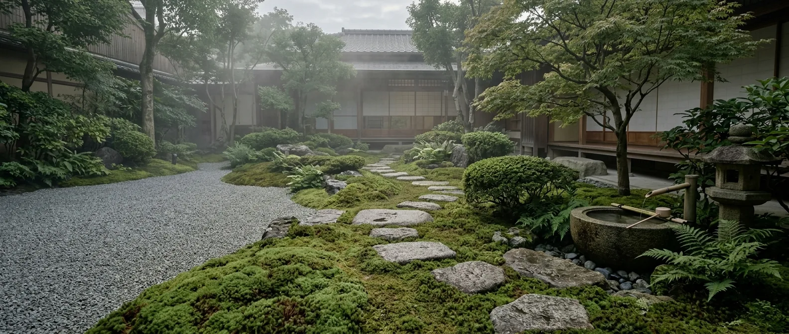 苔庭、碎石與石缽構成的安靜庭院