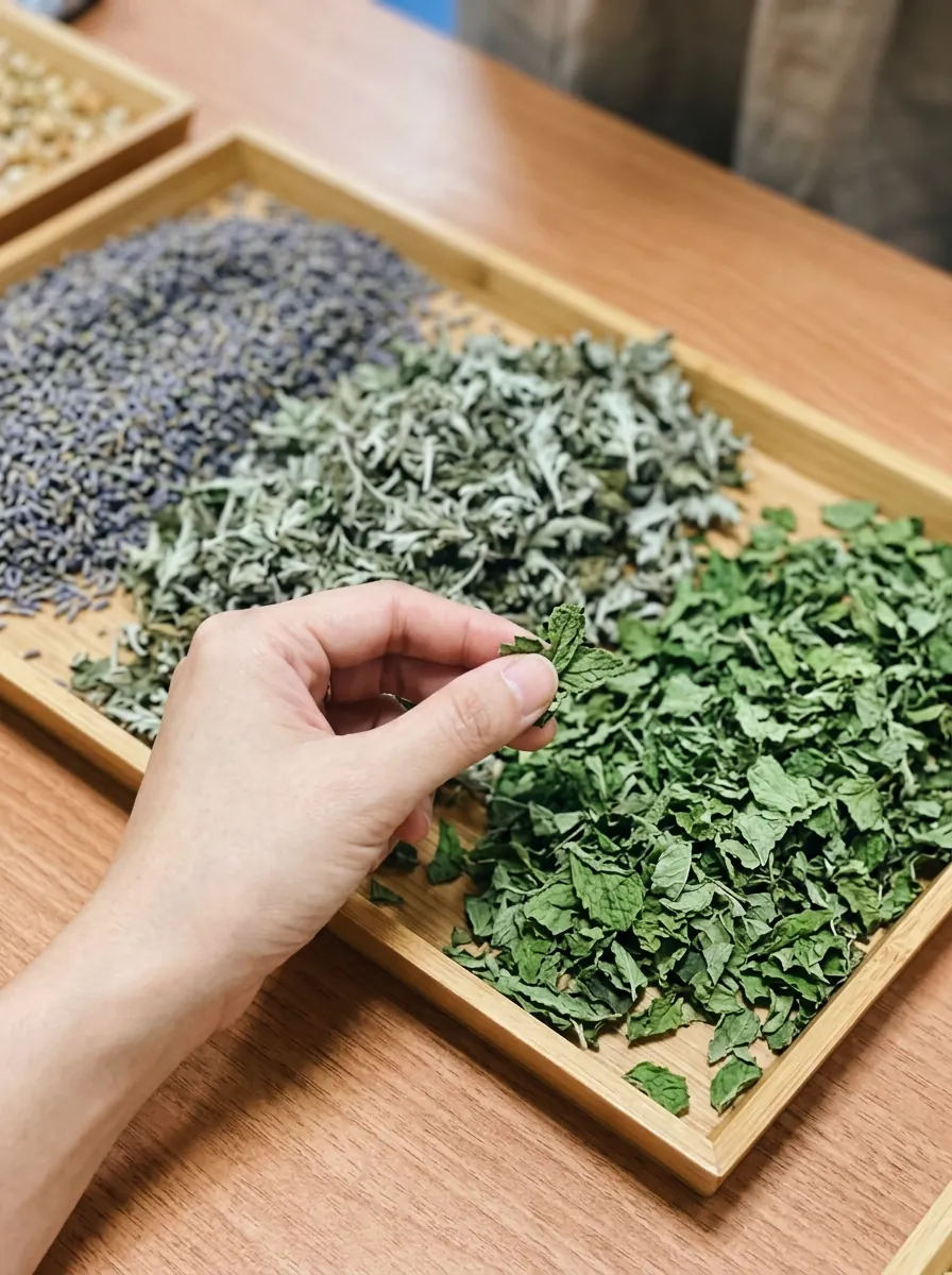 課程使用的天然在地植材：乾燥艾草、薰衣草與薄荷
