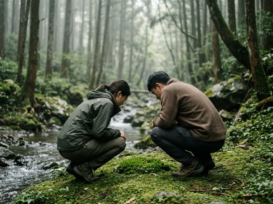 阿翰與樂樂蹲在溪邊的苔蘚地上，一起低頭觀察同一叢苔蘚